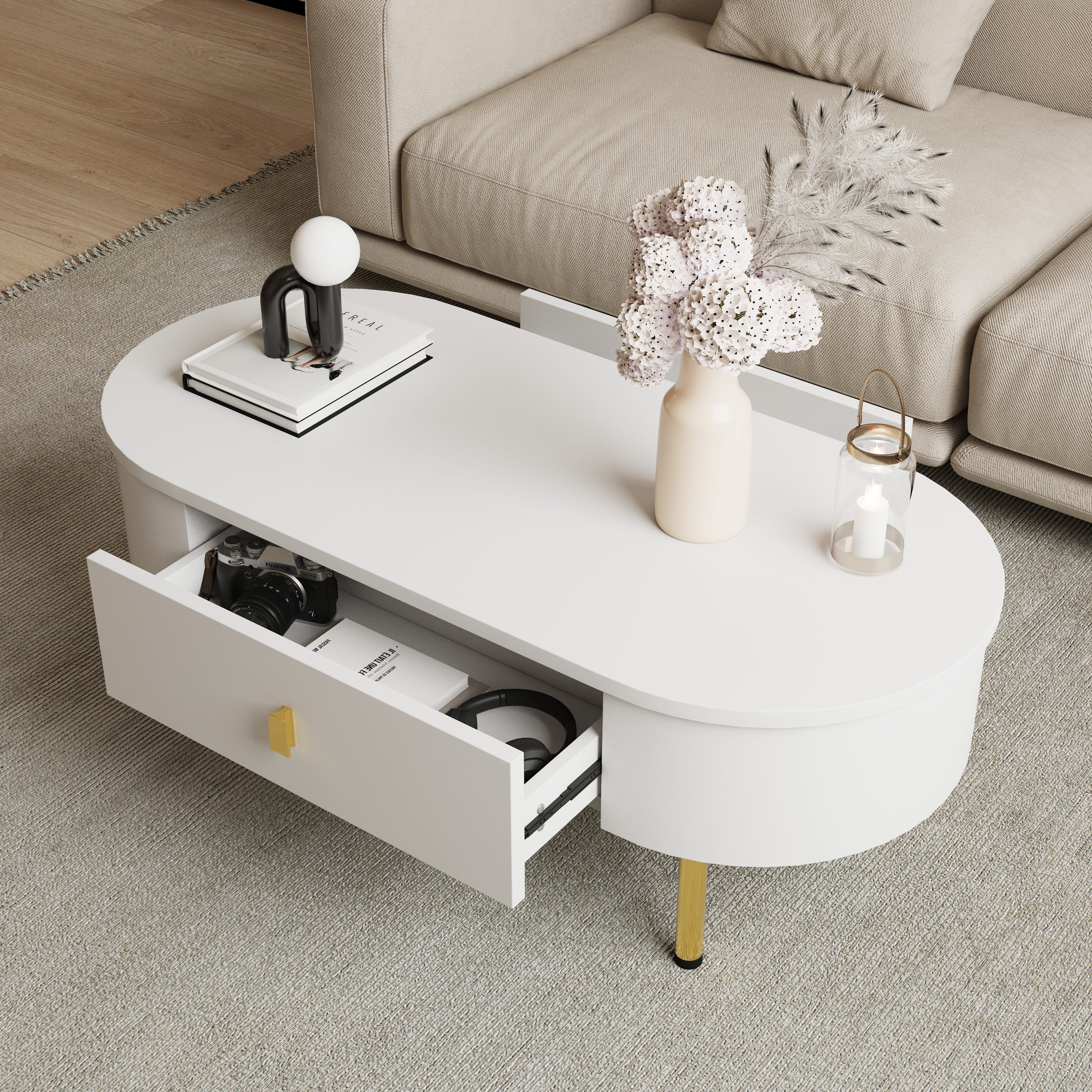 Table basse blanche tiroirs dorés ELLE VITALS
