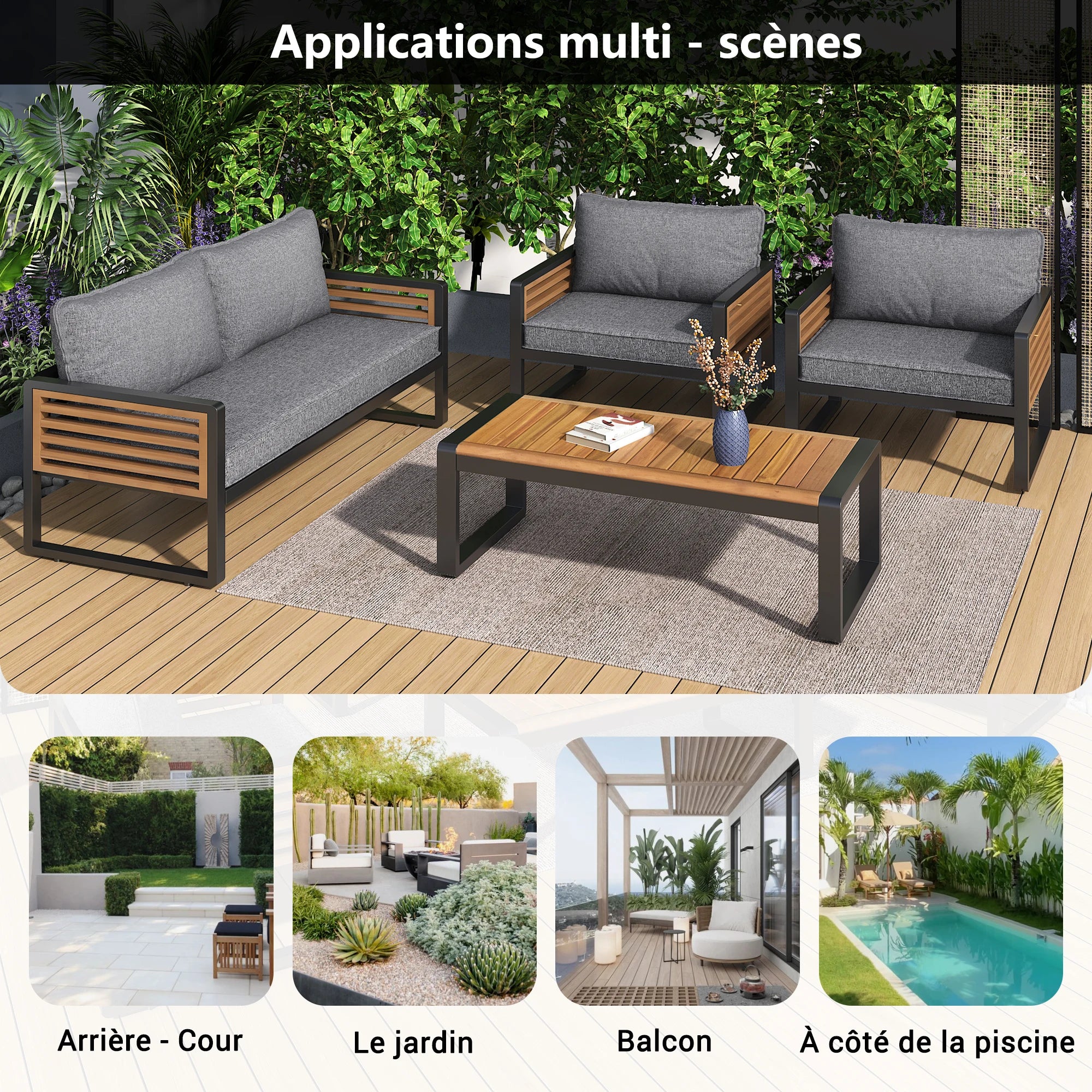 Salon de jardin modulable métal et bois