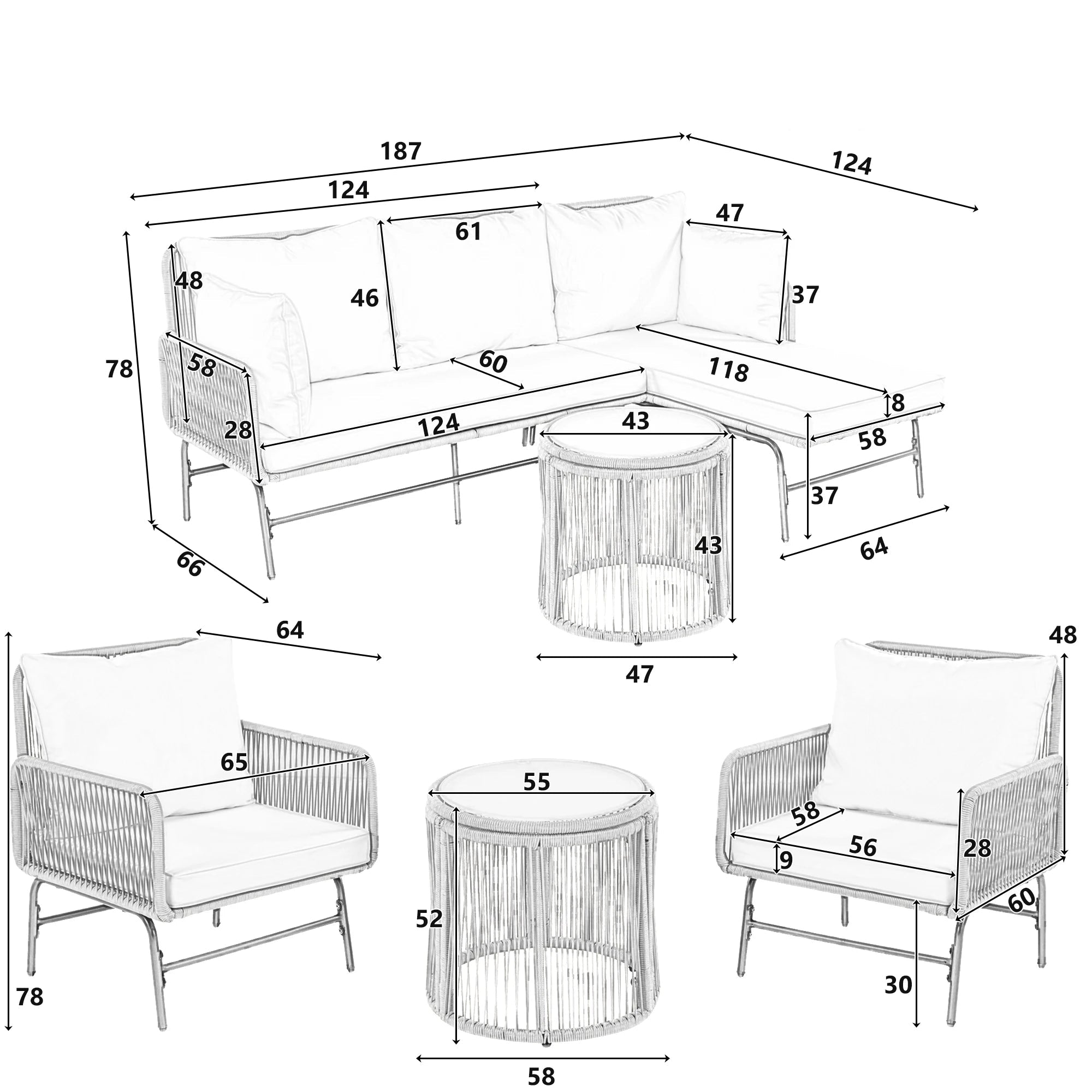 Ensemble de jardin canapé deux places avec coussins