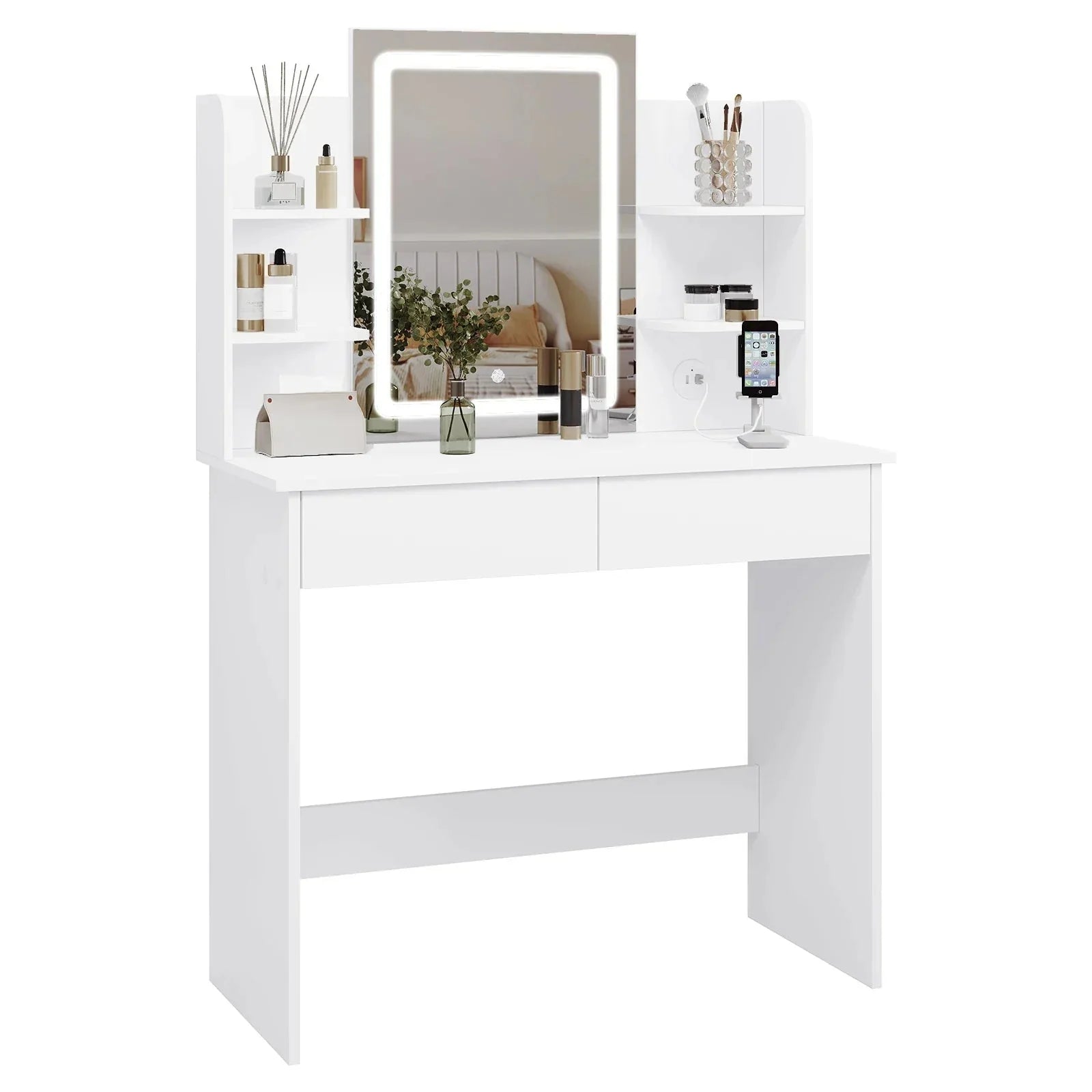 Coiffeuse Illana avec miroir LED réglable et rangements intégrés ElleVitals