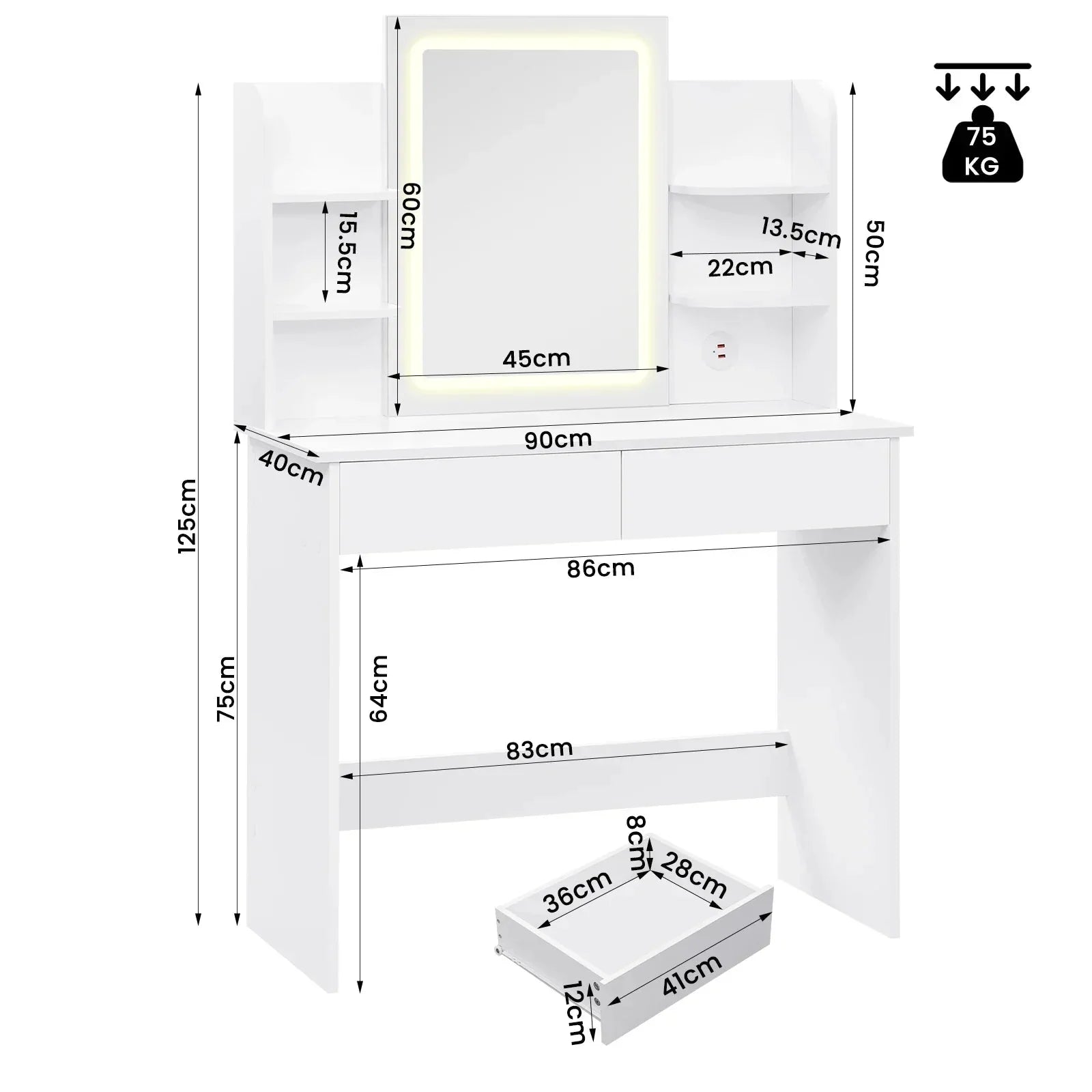 Coiffeuse Illana avec miroir LED réglable et rangements intégrés ElleVitals