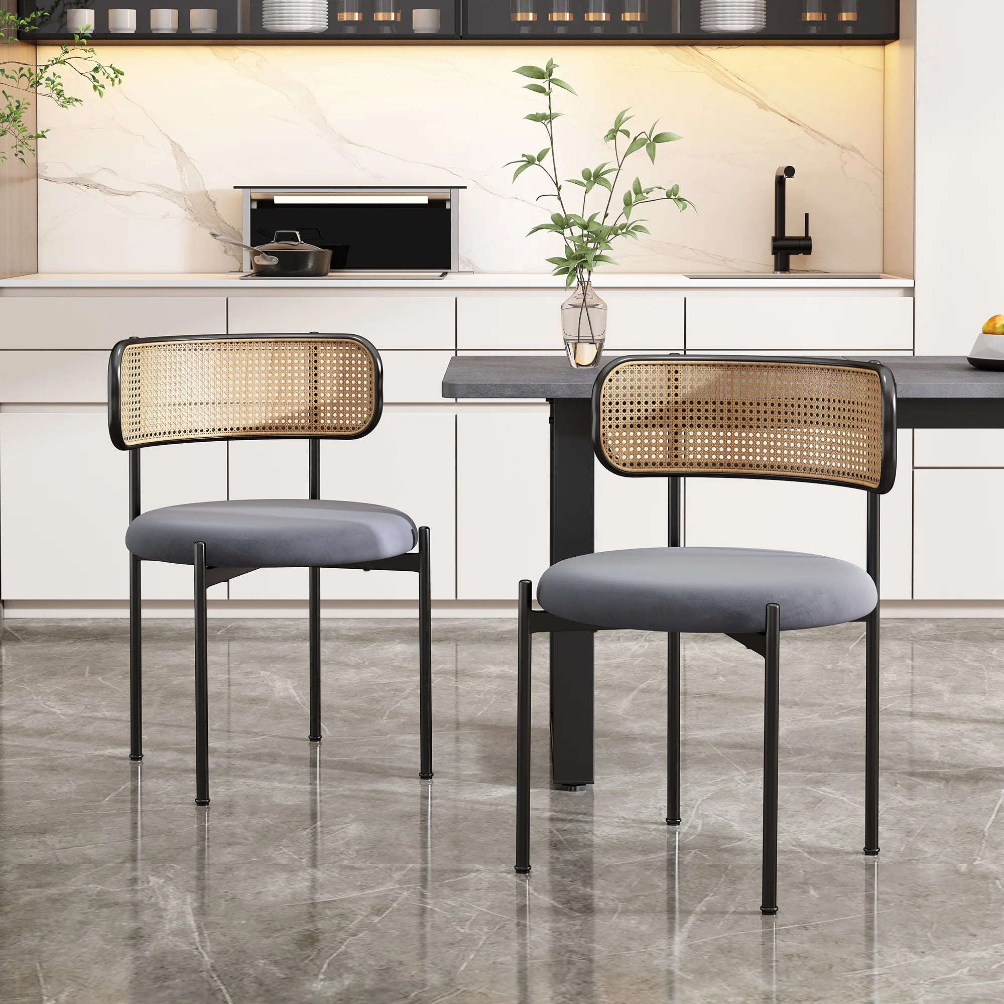 Chaises modernes velours et rotin
