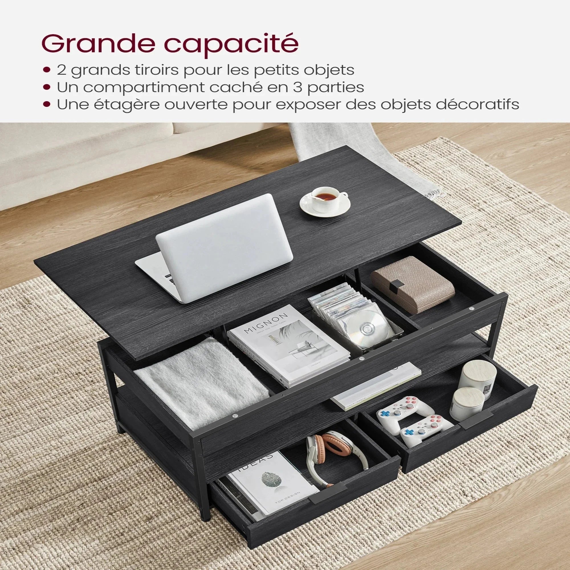 Table basse avec plateau relevable et tiroirs ElleVitals