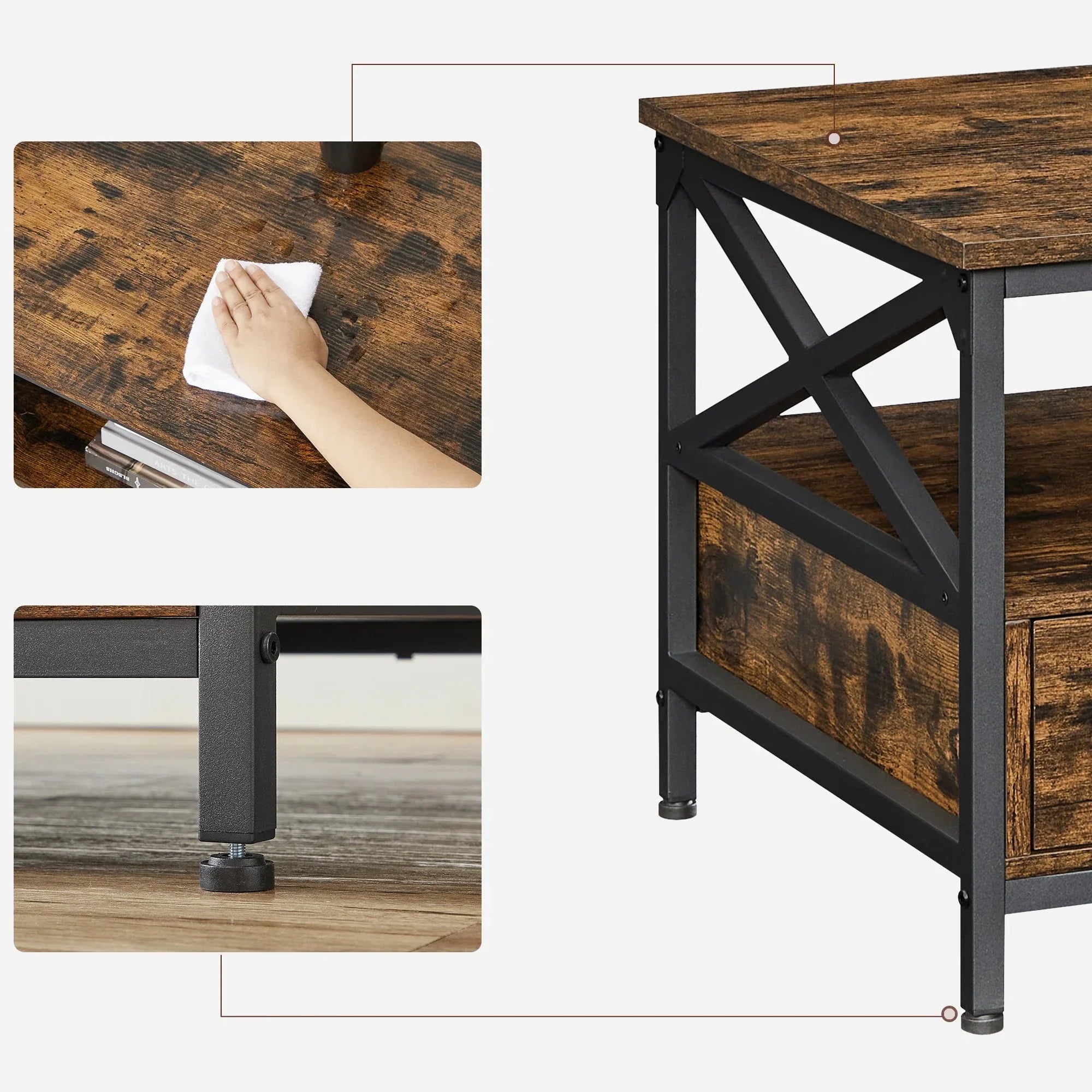 Table basse avec tiroirs et rangement ouvert ElleVitals