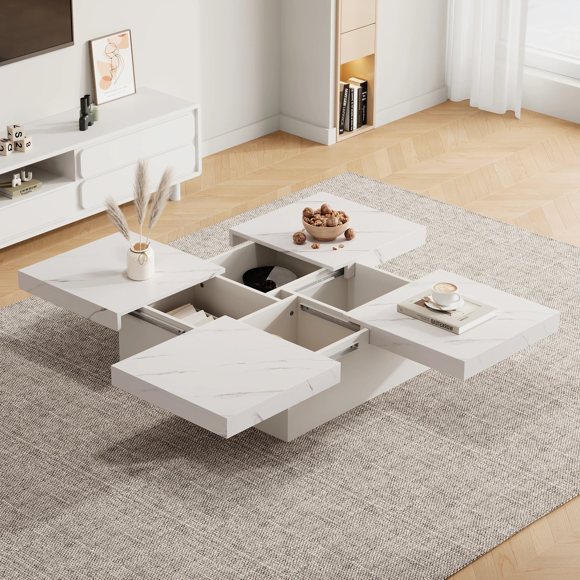 Table basse carrée blanche effet marbre avec tiroirs ELLE VITALS