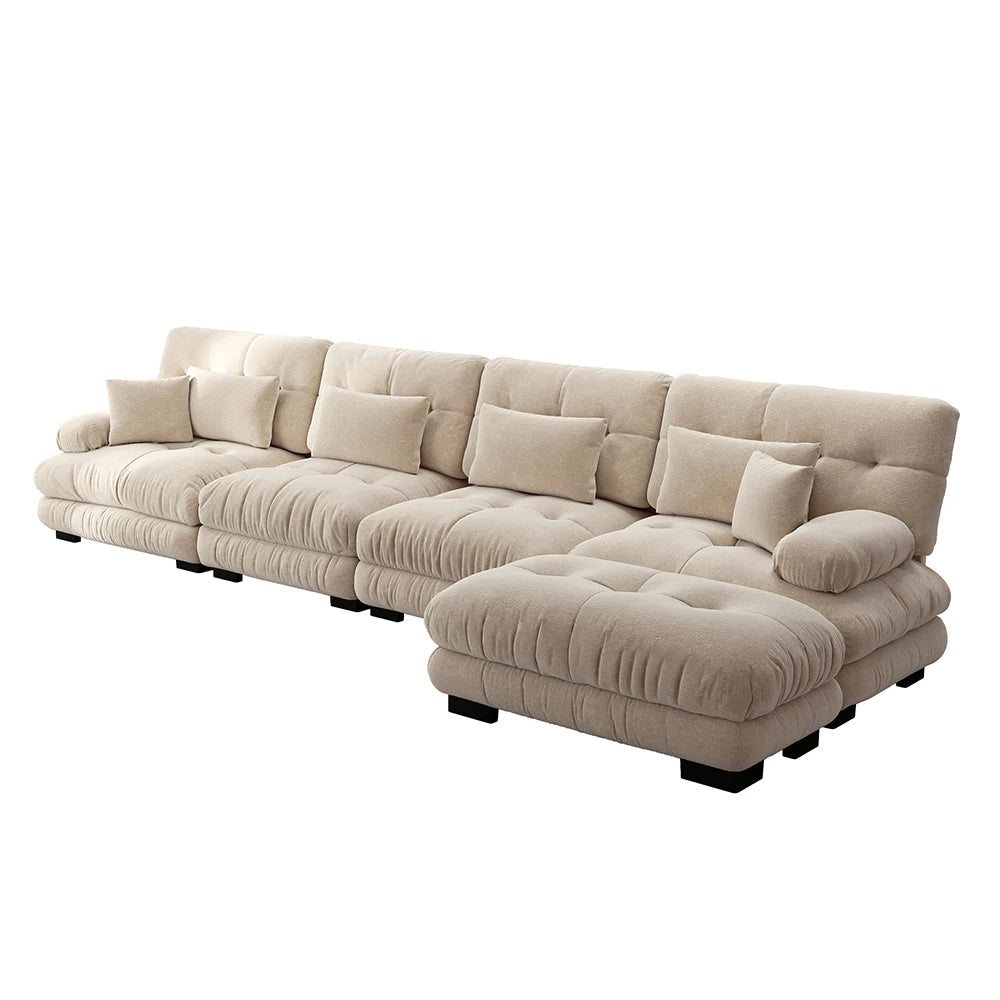 Canapé d’angle modulable 4 places en chenille avec pouf