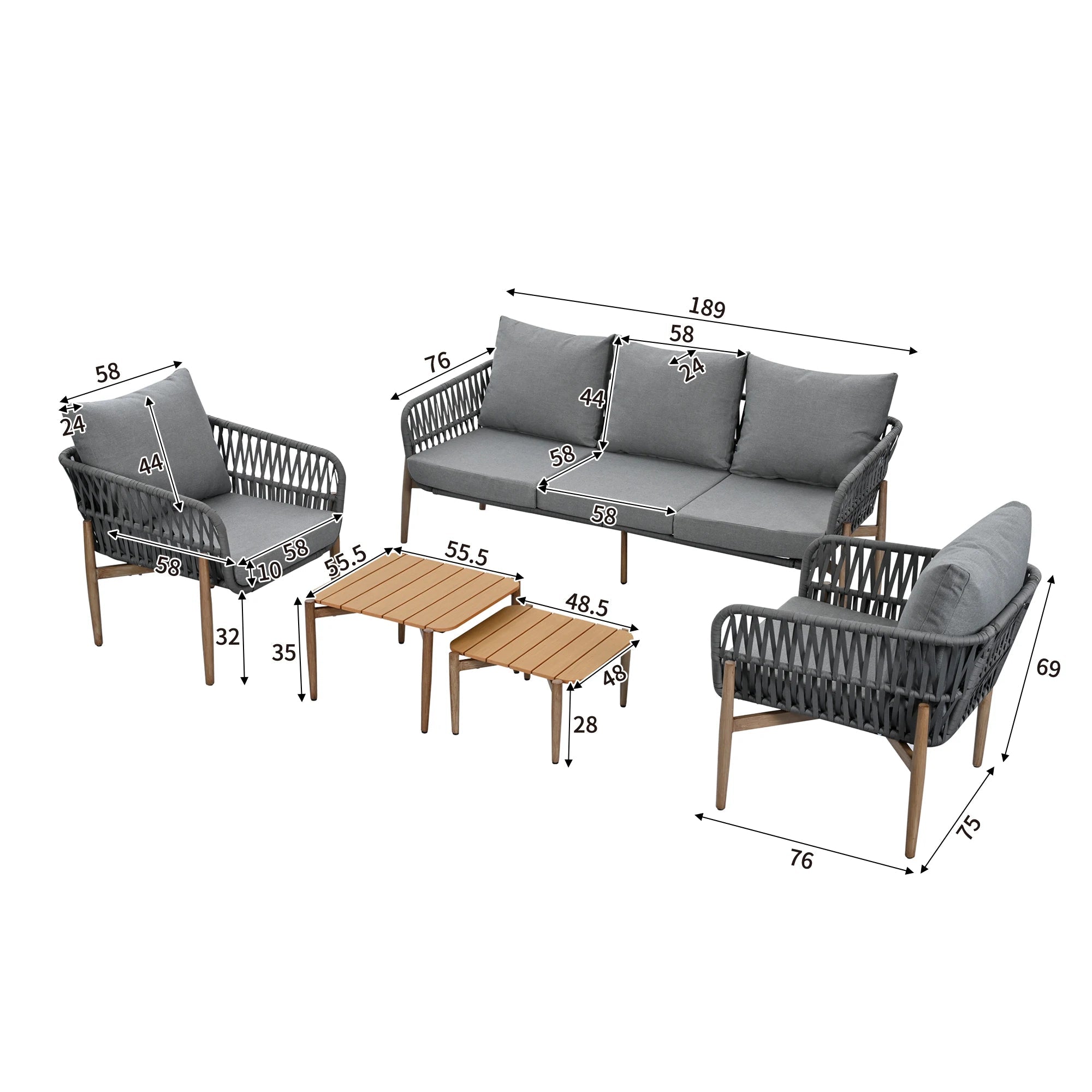 Salon extérieur complet avec canapé fauteuils et tables