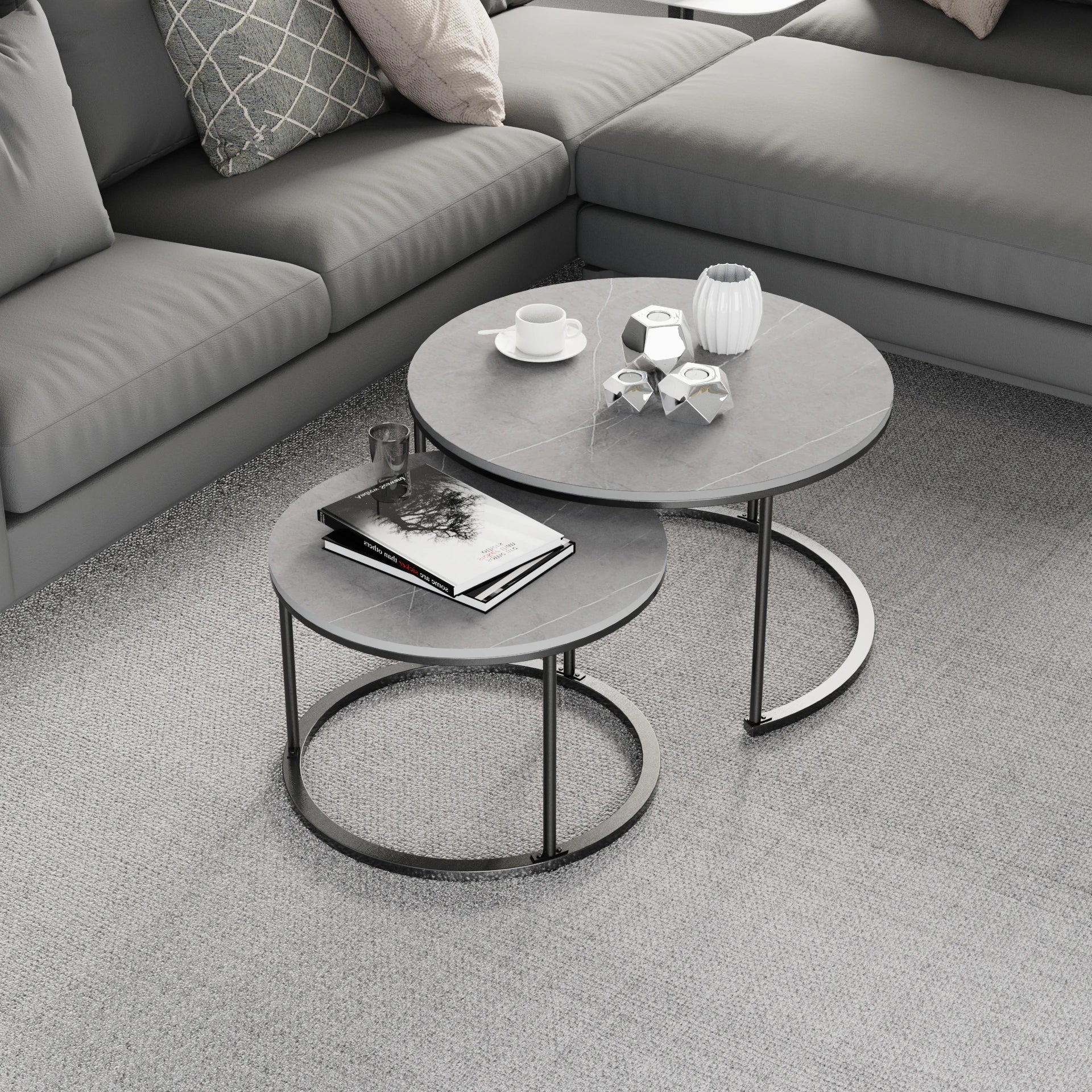 Duo minimaliste tables basses pierre métal ElleVitals