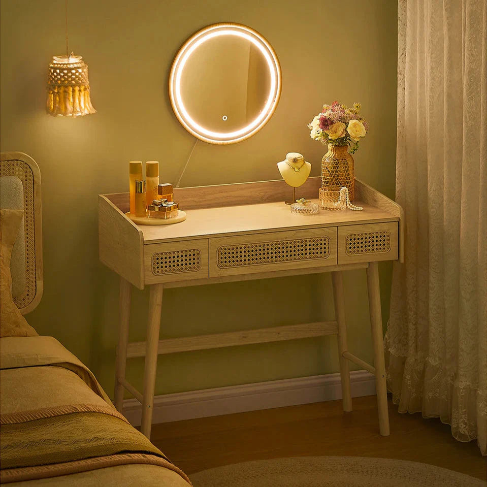 Coiffeuse en bois et rotin avec miroir lumineux ElleVitals