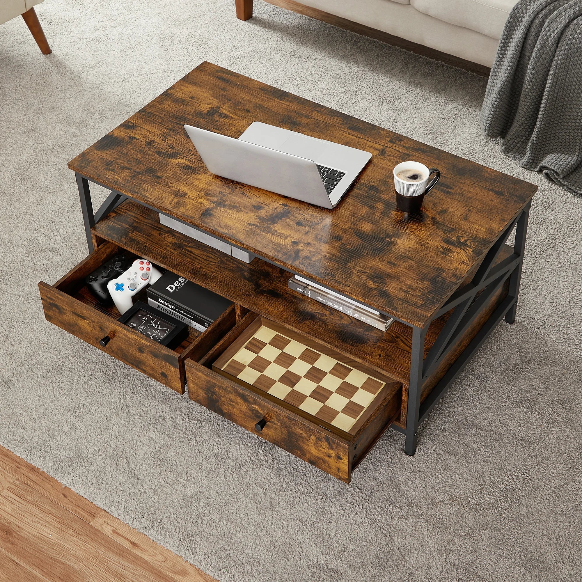Table basse avec tiroirs et rangement ouvert ElleVitals