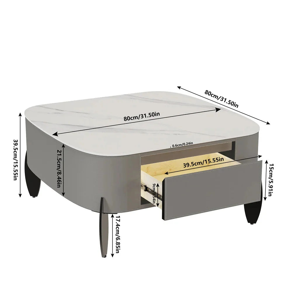 Table basse carrée marbre et cuir avec tiroirs ELLE VITALS
