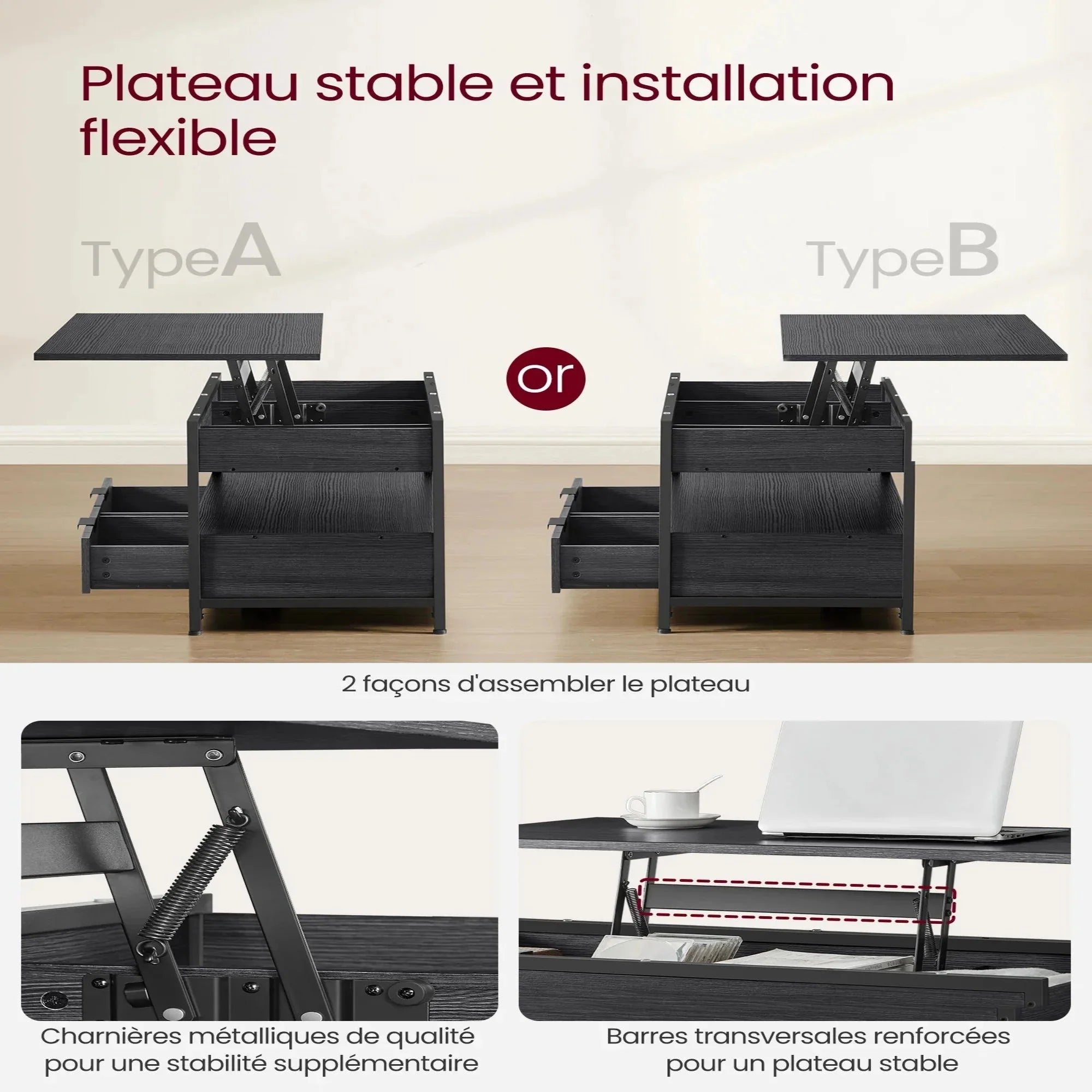 Table basse avec plateau relevable et tiroirs ElleVitals