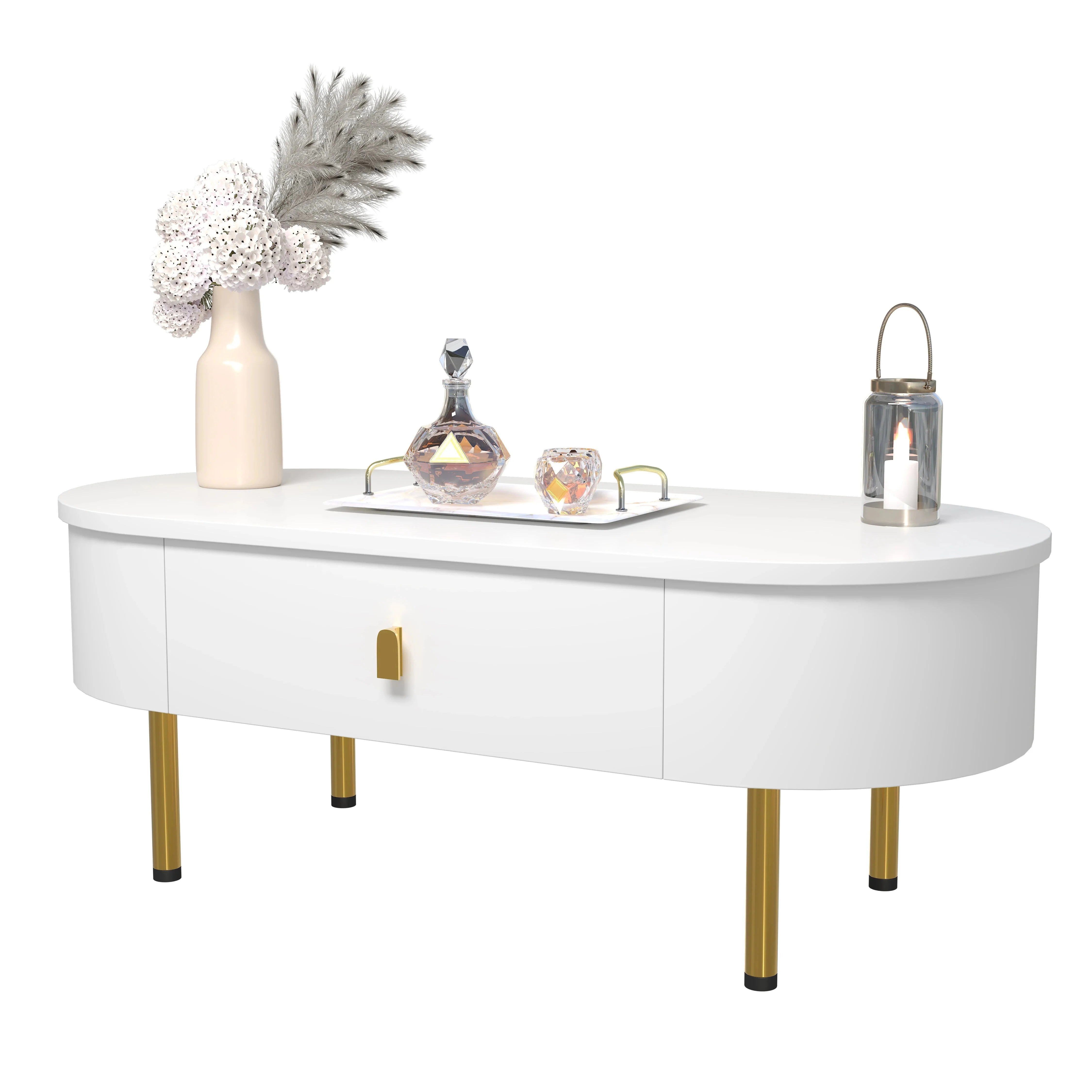 Table basse blanche tiroirs dorés ELLE VITALS