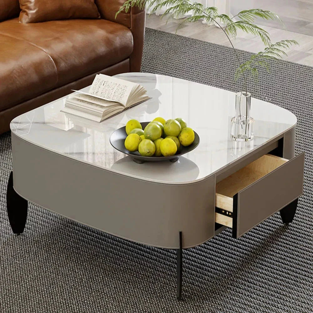 Table basse carrée marbre et cuir avec tiroirs ELLE VITALS
