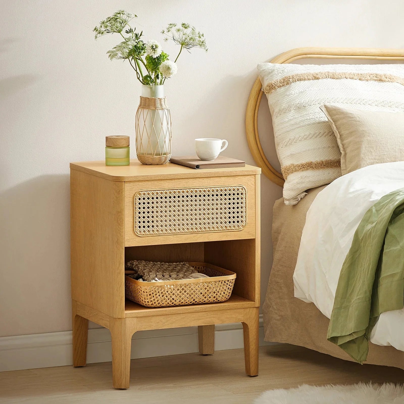 Table de chevet en bois et rotin naturel ElleVitals