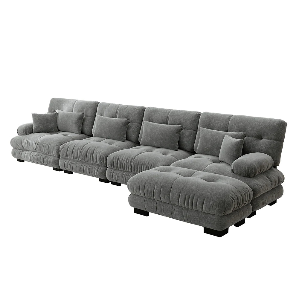Canapé d’angle modulable 4 places en chenille avec pouf