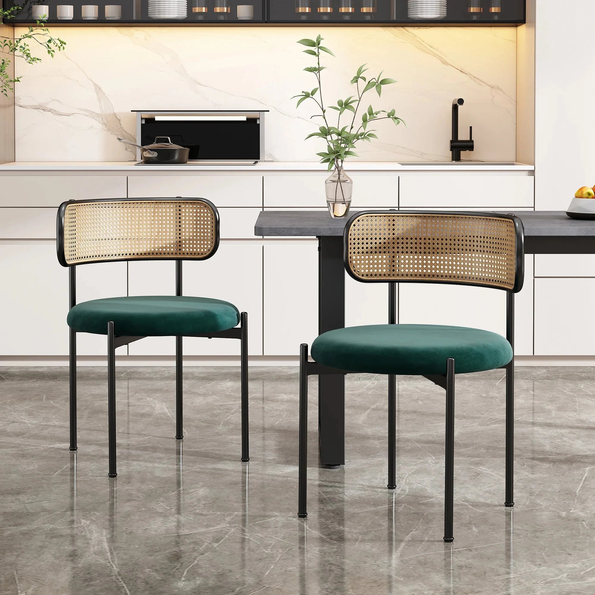 Chaises en velours et rotin naturel ElleVitals