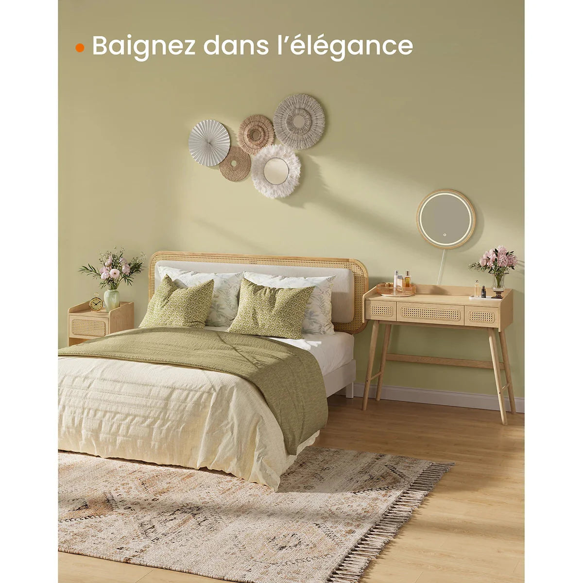 Coiffeuse en bois et rotin avec miroir lumineux ElleVitals