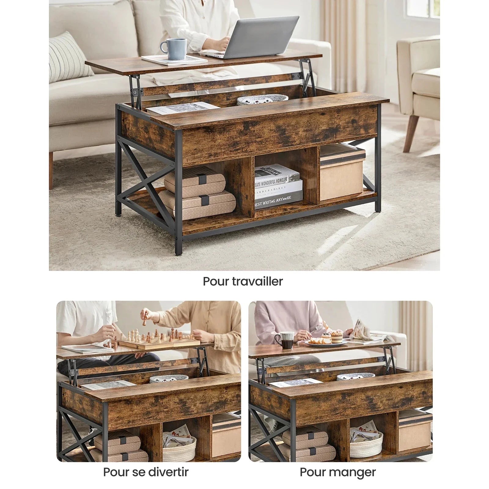 Table basse avec plateau relevable et rangements ElleVitals