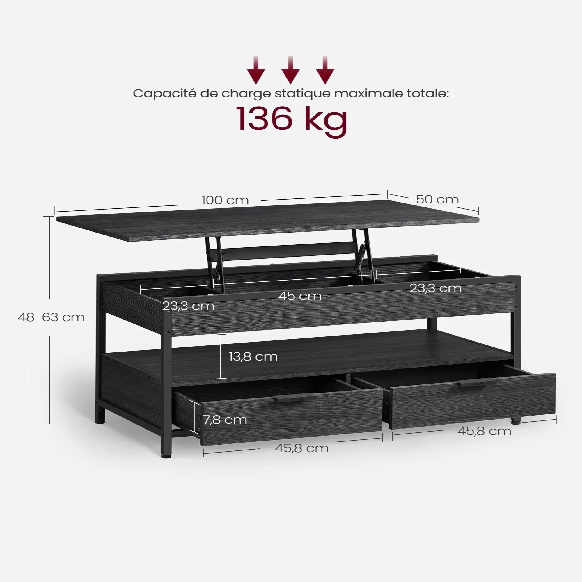 Table basse avec plateau relevable et tiroirs ElleVitals
