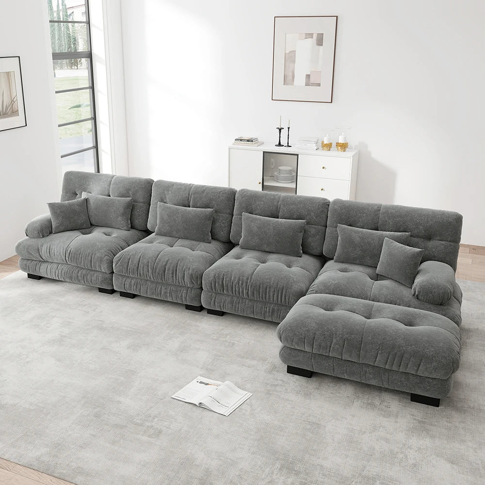 Canapé d’angle modulable 4 places en chenille avec pouf