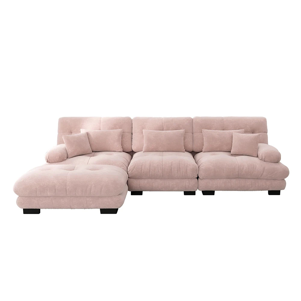 Canapé d’angle modulable en chenille avec pouf