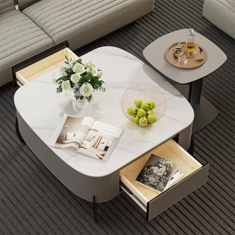 Table basse carrée marbre et cuir avec tiroirs ELLE VITALS