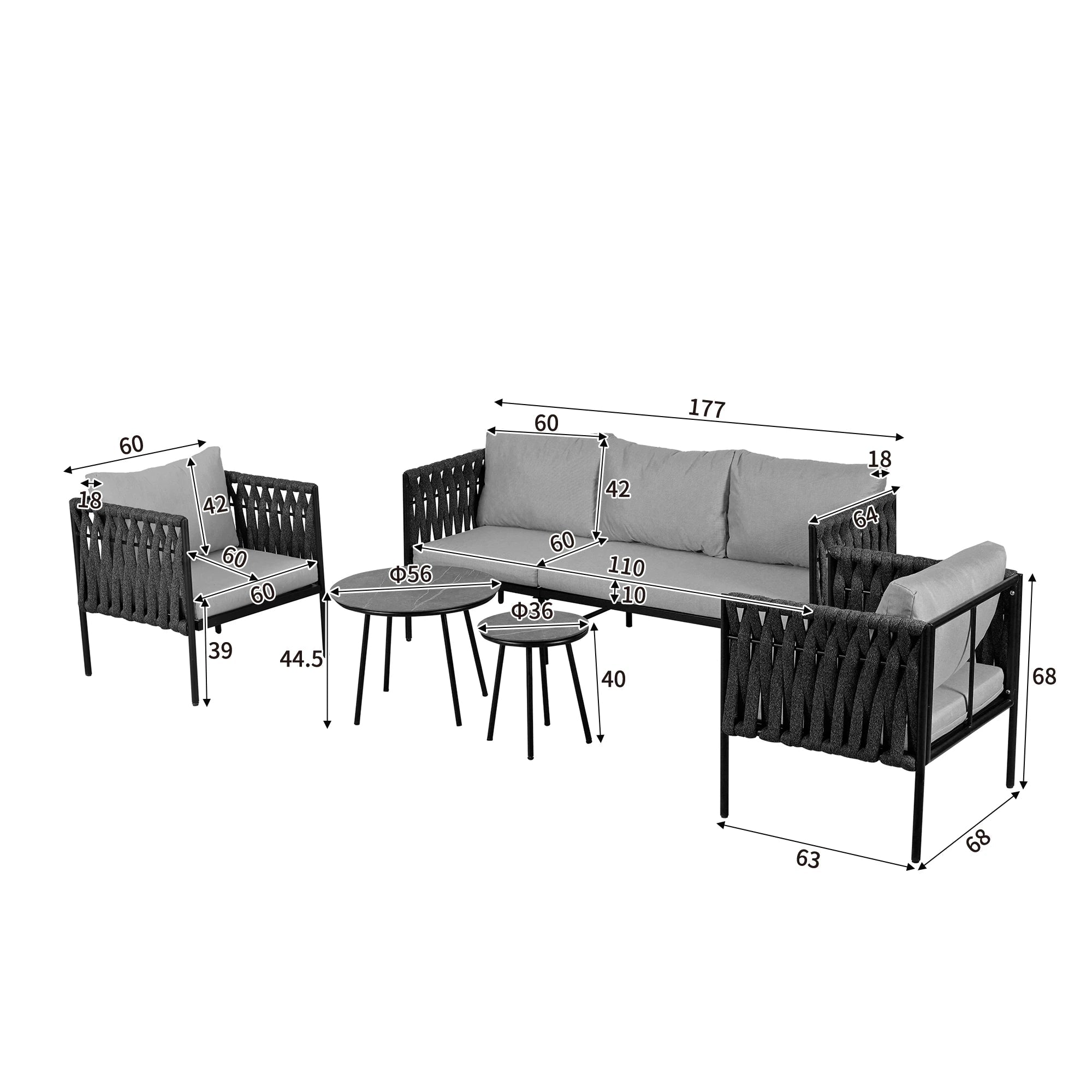 Salon de jardin 5 places avec coussins et tables basses