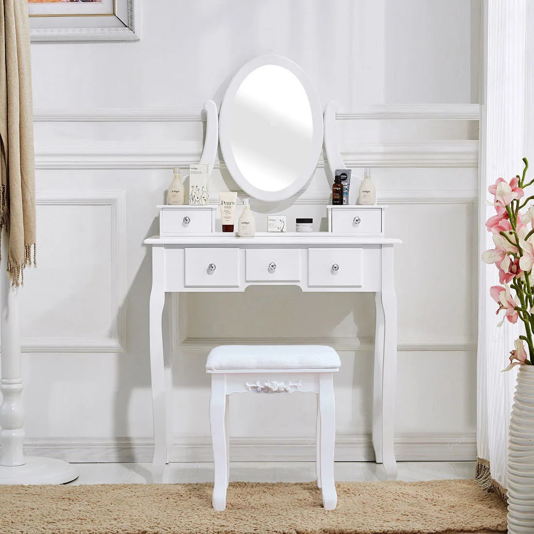Coiffeuse blanche miroir rotatif LED