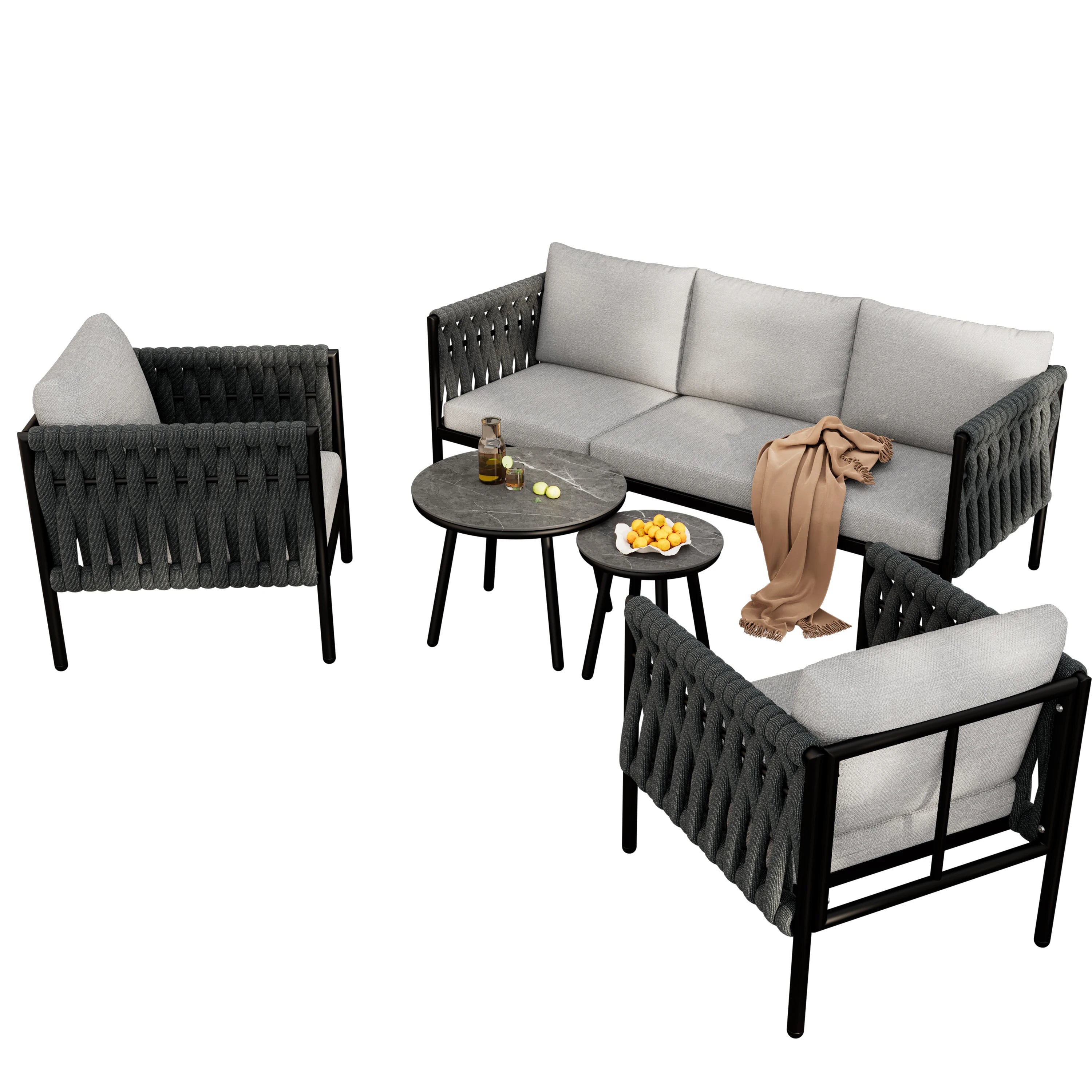Salon de jardin 5 places avec coussins et tables basses