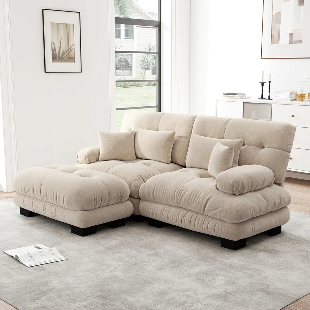 Canapé d’angle en chenille avec pouf intégré