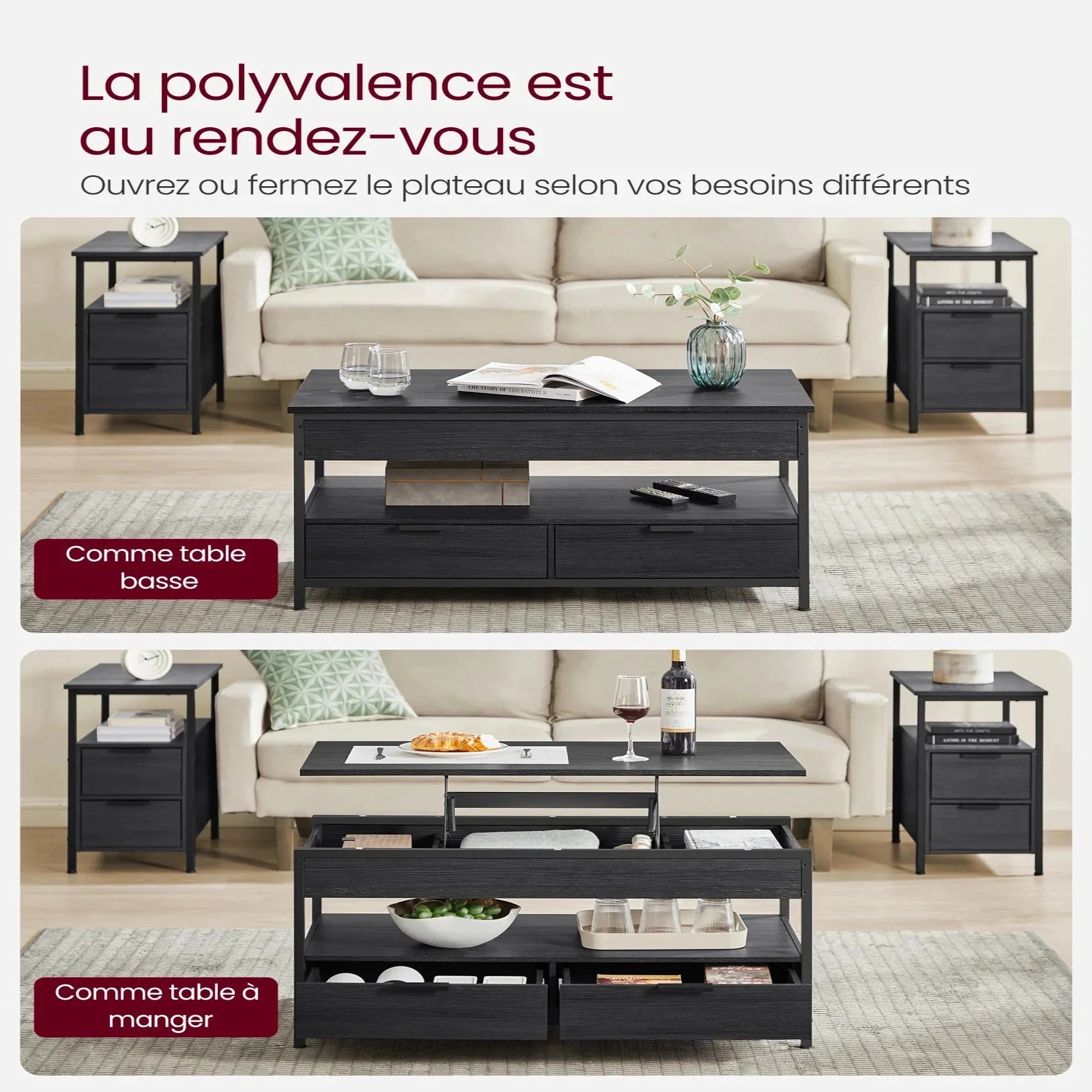 Table basse avec plateau relevable et tiroirs ElleVitals