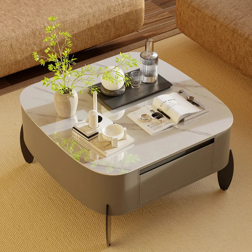 Table basse carrée marbre et cuir avec tiroirs ELLE VITALS
