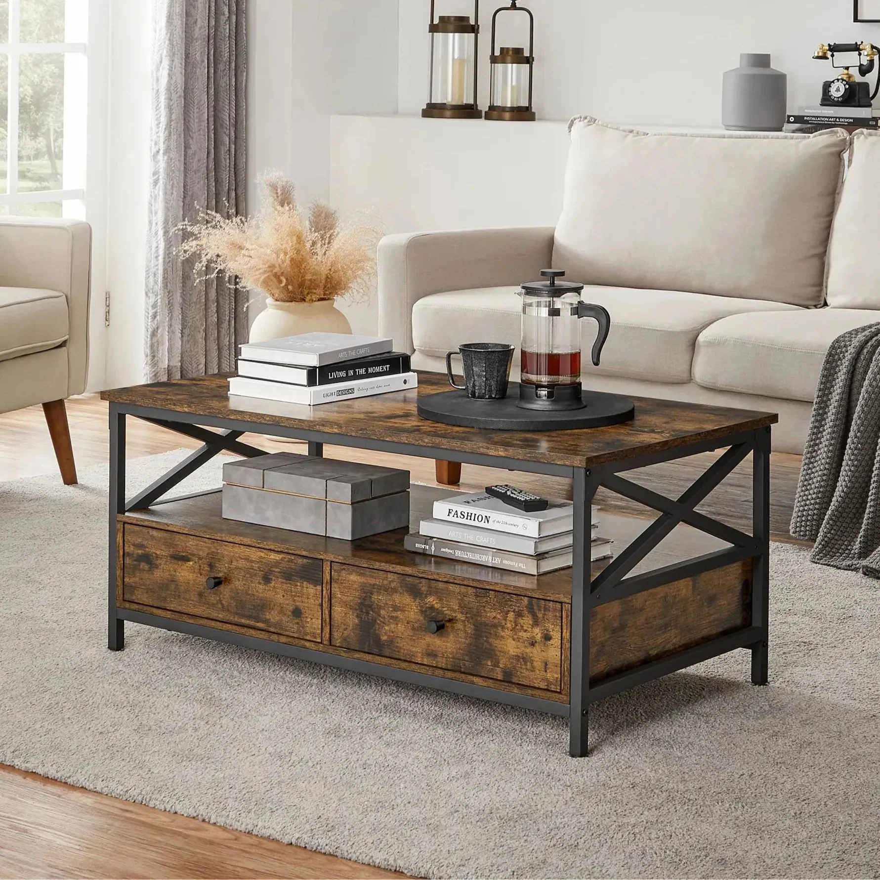 Table basse avec tiroirs et rangement ouvert ElleVitals