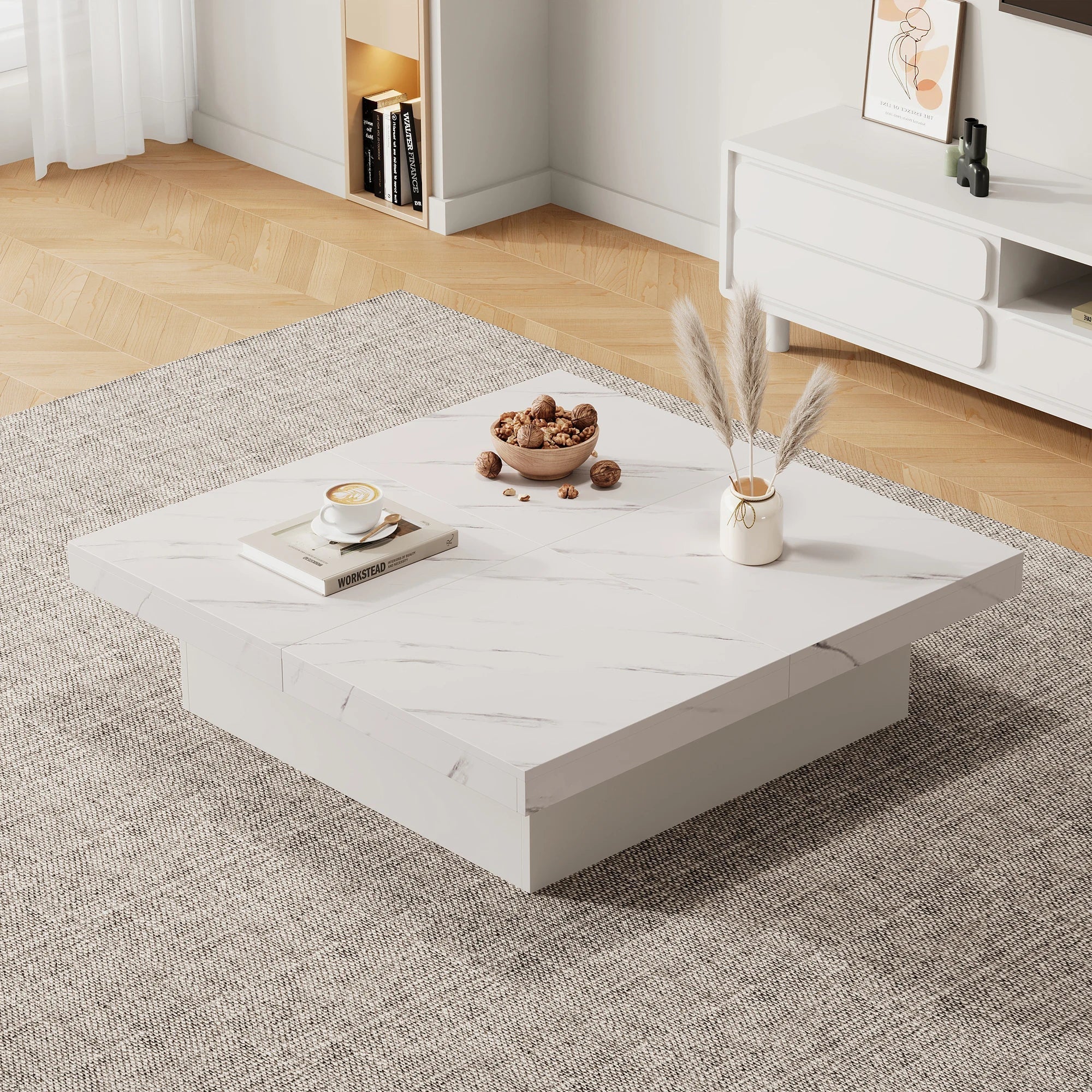 Table basse carrée blanche effet marbre avec tiroirs ELLE VITALS