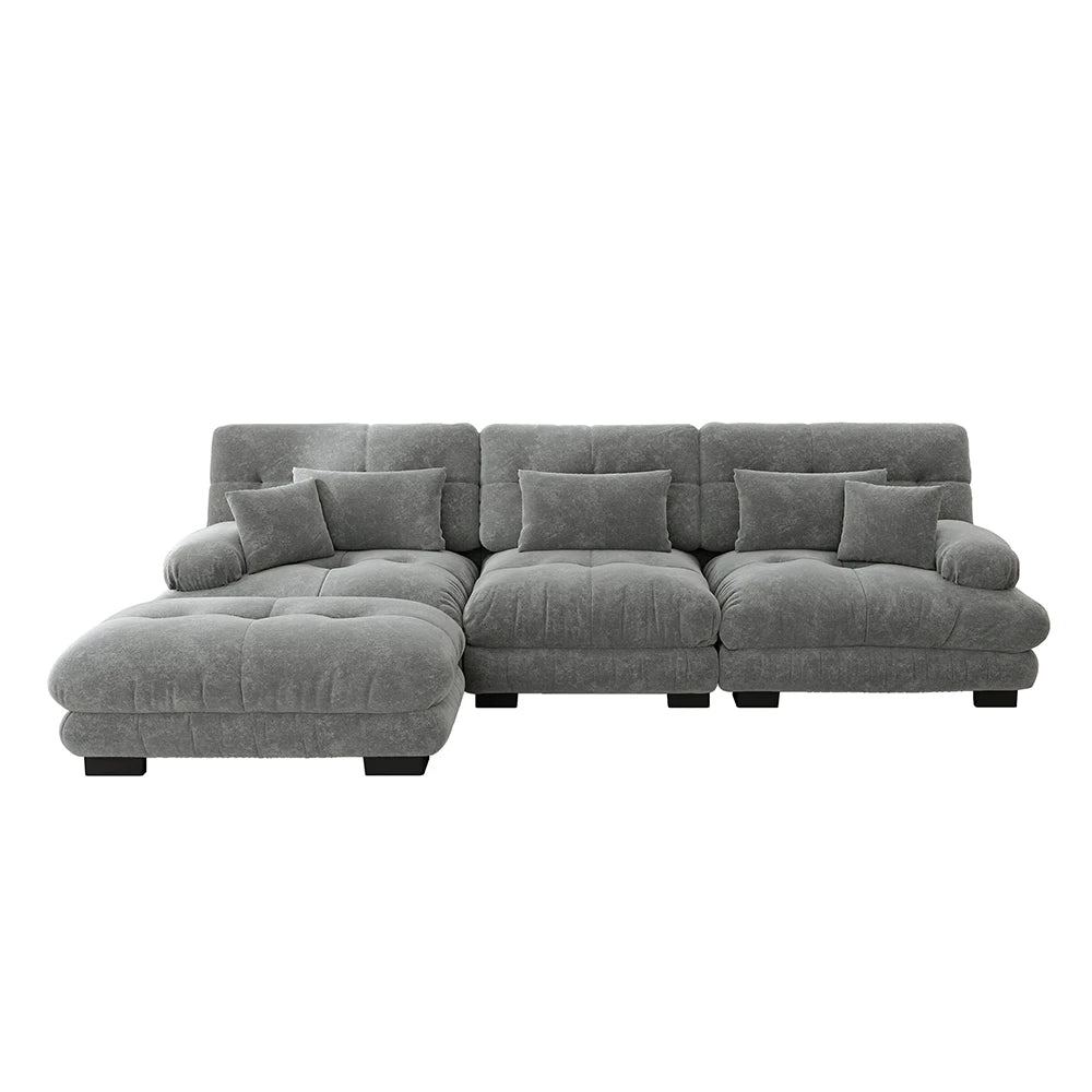 Canapé d’angle modulable en chenille avec pouf