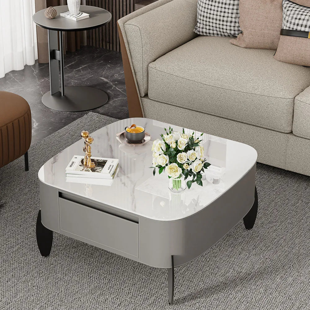 Table basse carrée marbre et cuir avec tiroirs ELLE VITALS