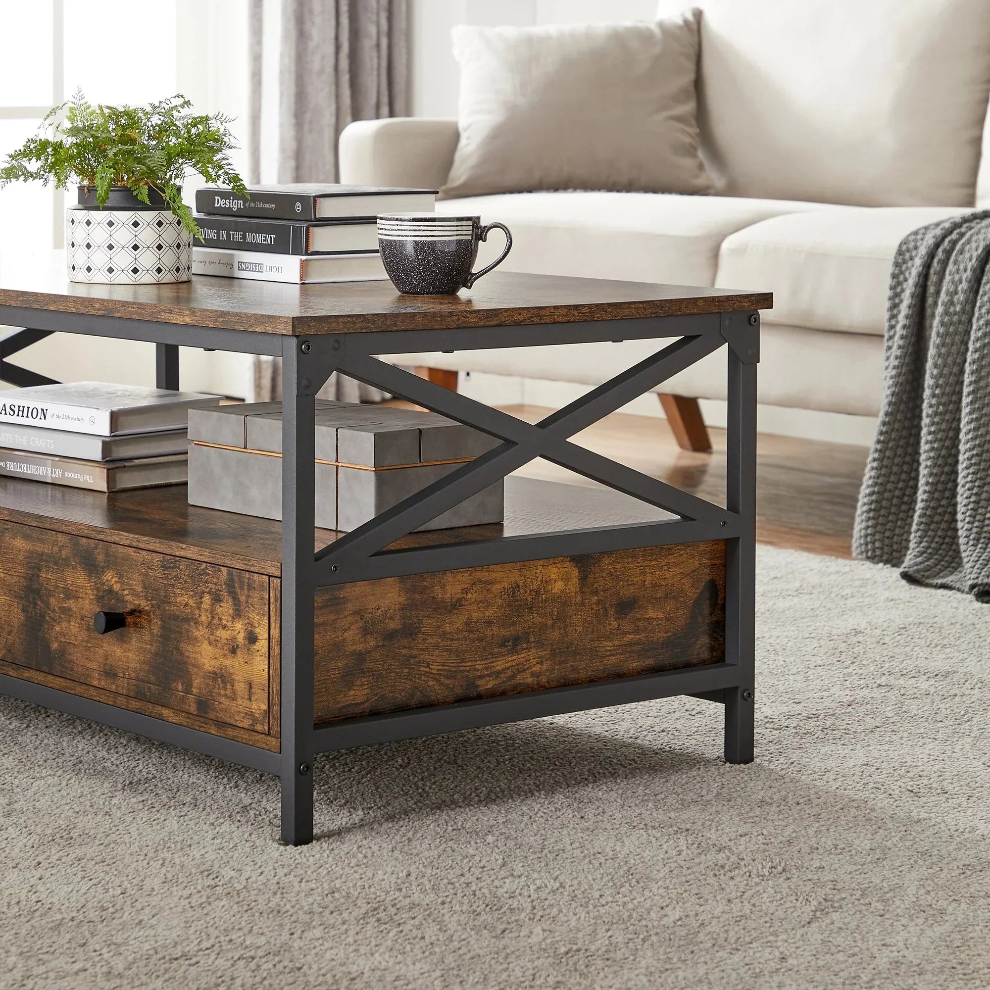 Table basse avec tiroirs et rangement ouvert ElleVitals