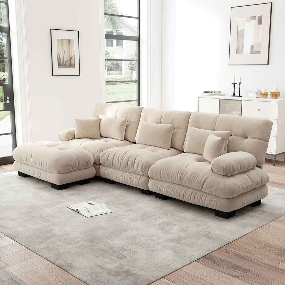 Canapé d’angle modulable en chenille avec pouf