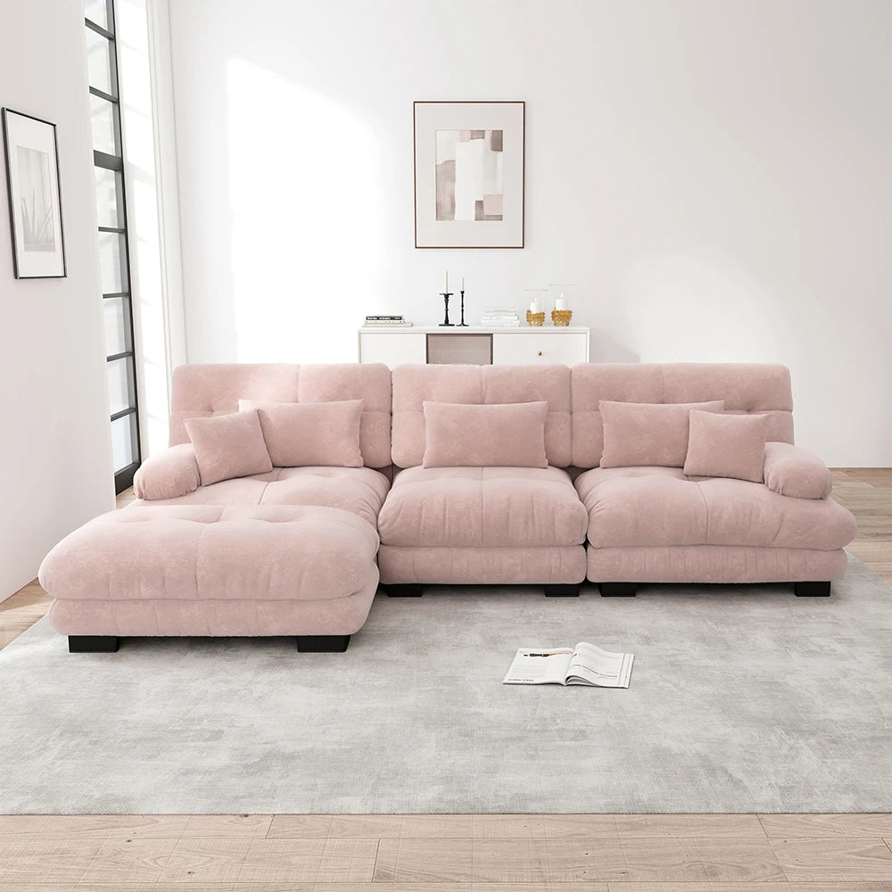 Canapé d’angle modulable en chenille avec pouf