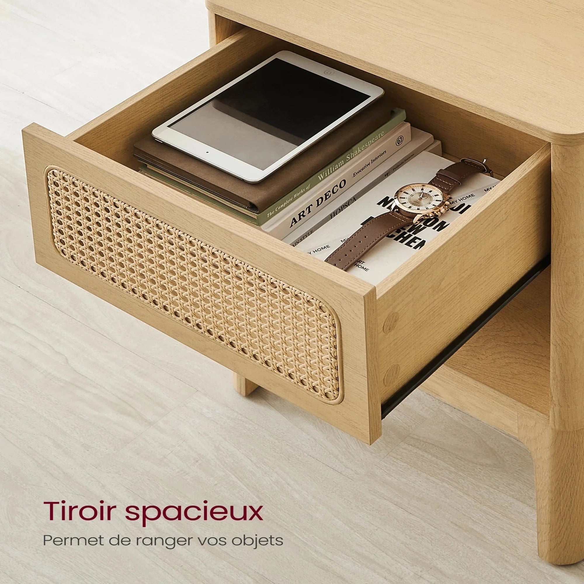 Table de chevet en bois et rotin naturel ElleVitals