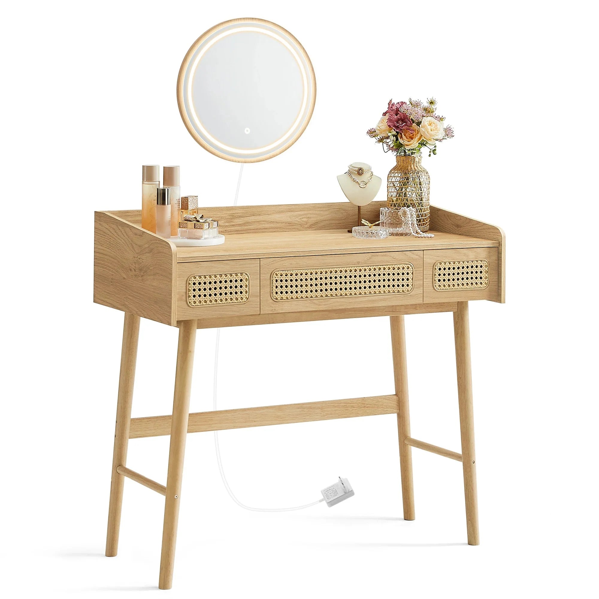Coiffeuse en bois et rotin avec miroir lumineux ElleVitals