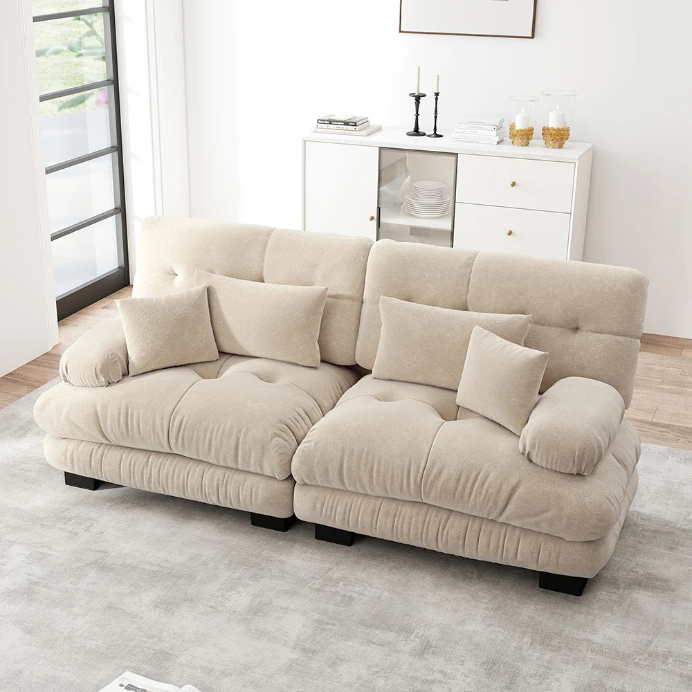 Canapé double en chenille avec accoudoirs rembourrés