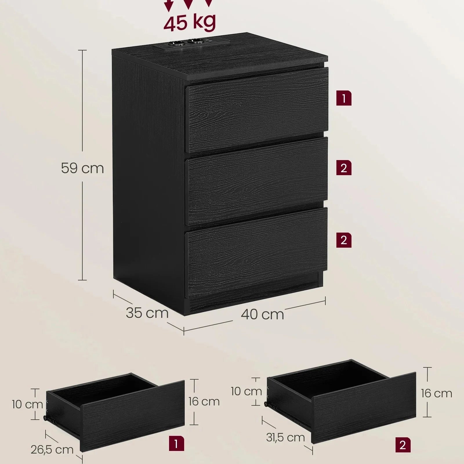 Lot de 2 chevets avec prises USB ElleVitals