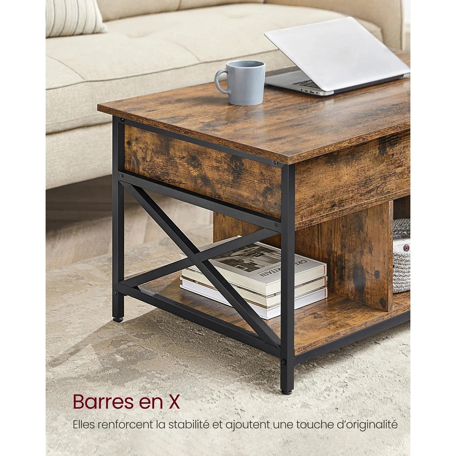 Table basse avec plateau relevable et rangements ElleVitals
