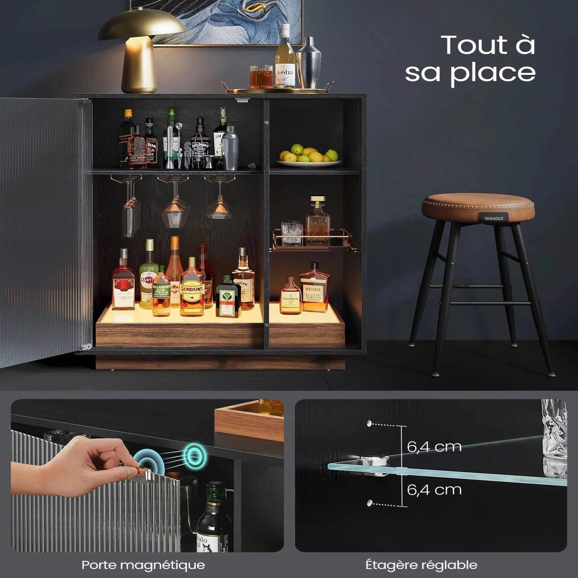 Meuble bar avec LED et porte-verres ElleVitals
