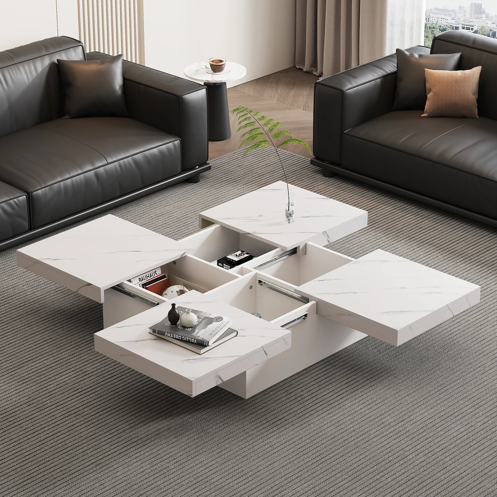 Table basse carrée blanche effet marbre avec tiroirs ELLE VITALS