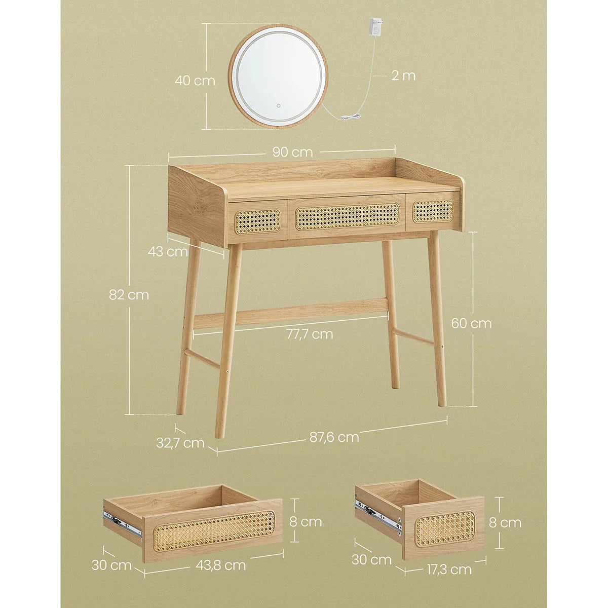 Coiffeuse en bois et rotin avec miroir lumineux ElleVitals