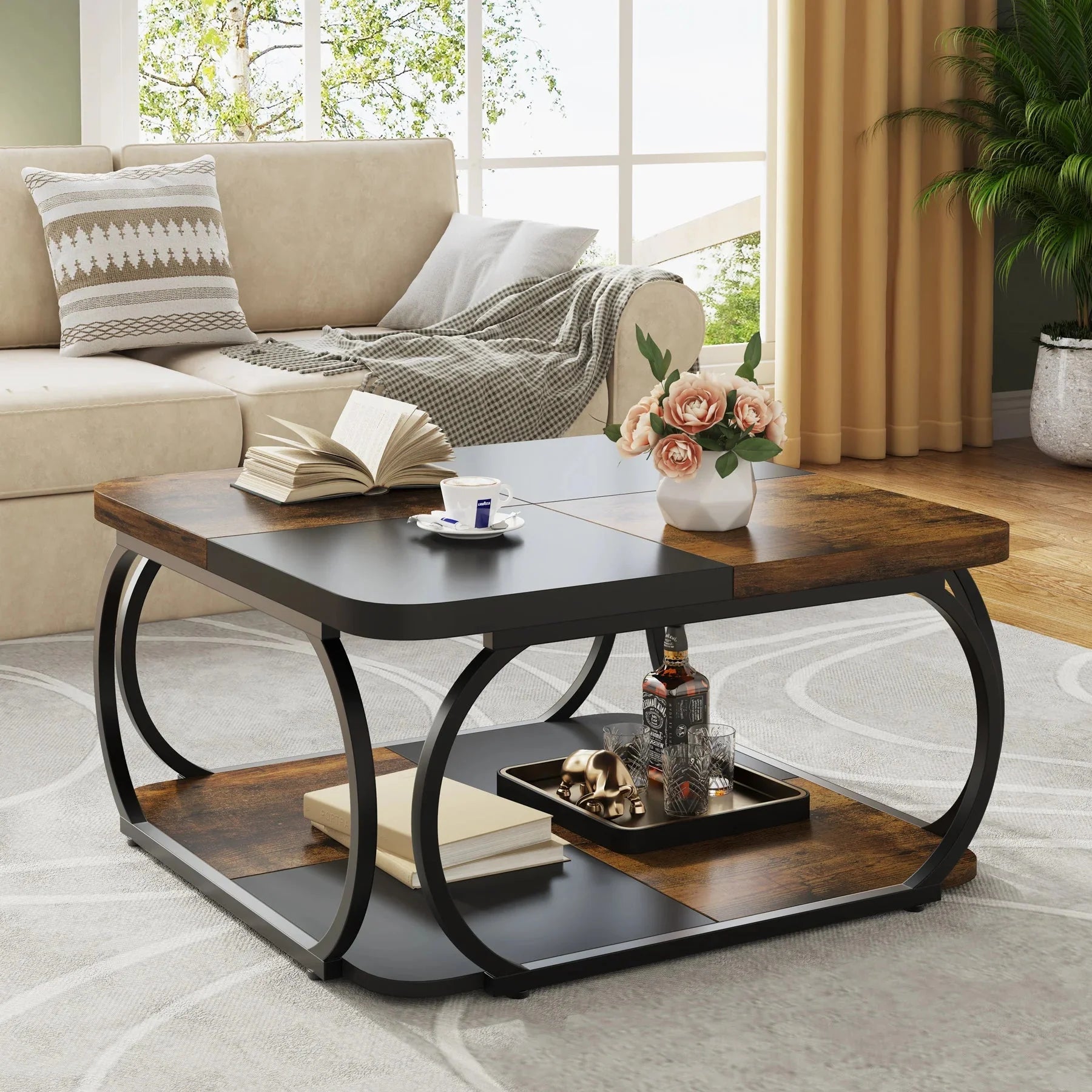 Table basse carrée bois et métal design rustique ELLE VITALS