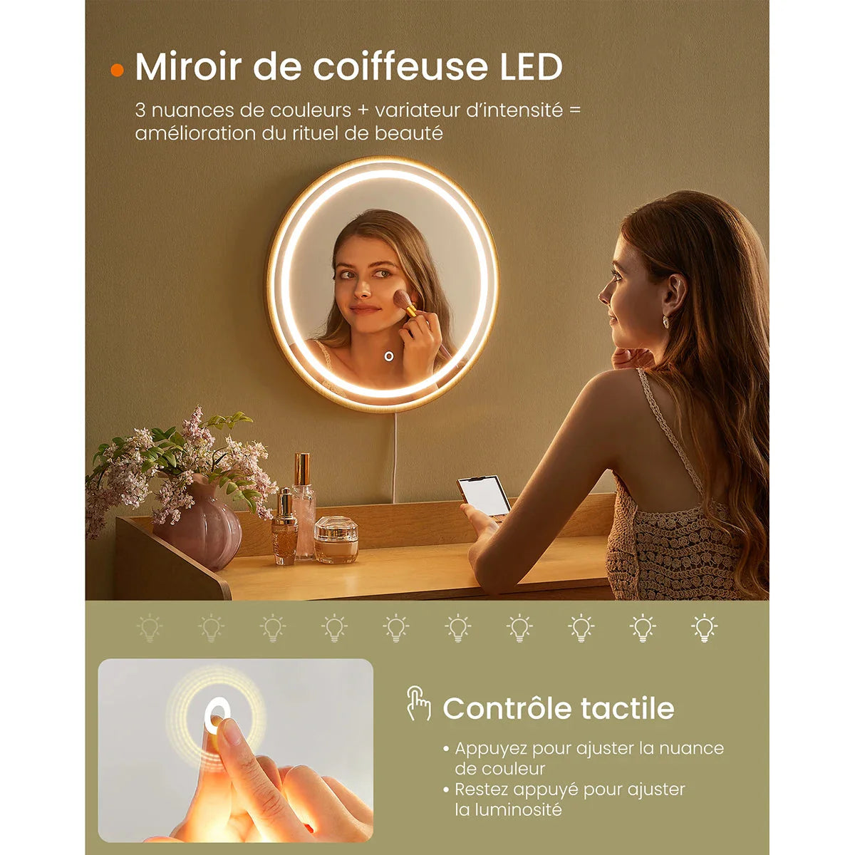 Coiffeuse en bois et rotin avec miroir lumineux ElleVitals